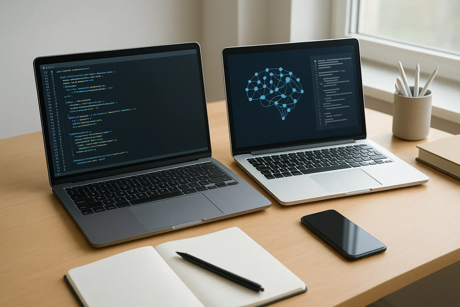 A person using a laptop with AI coding and graphics on the screen in a cozy learning space.