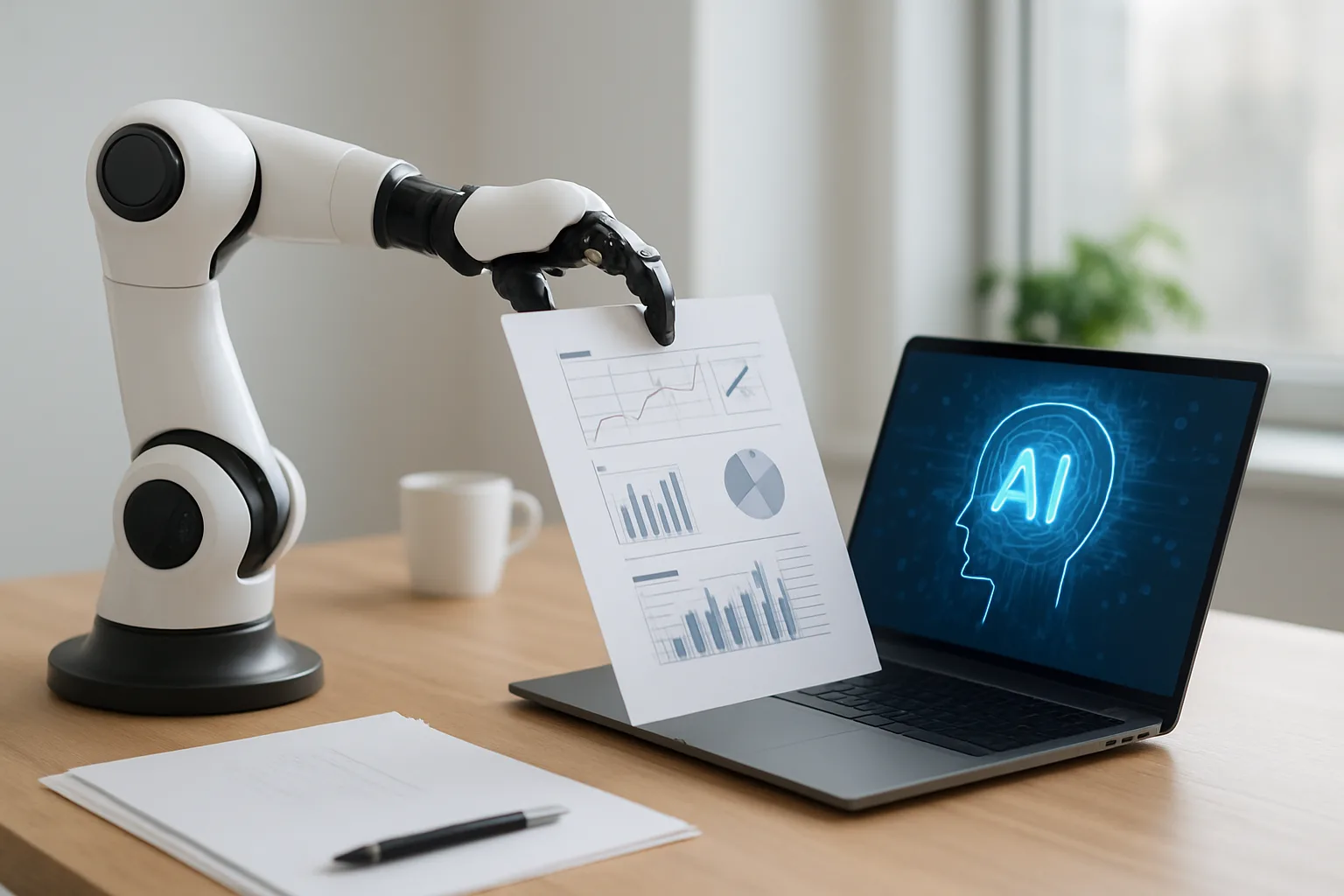 Person interacting with a virtual AI assistant on a futuristic digital interface.