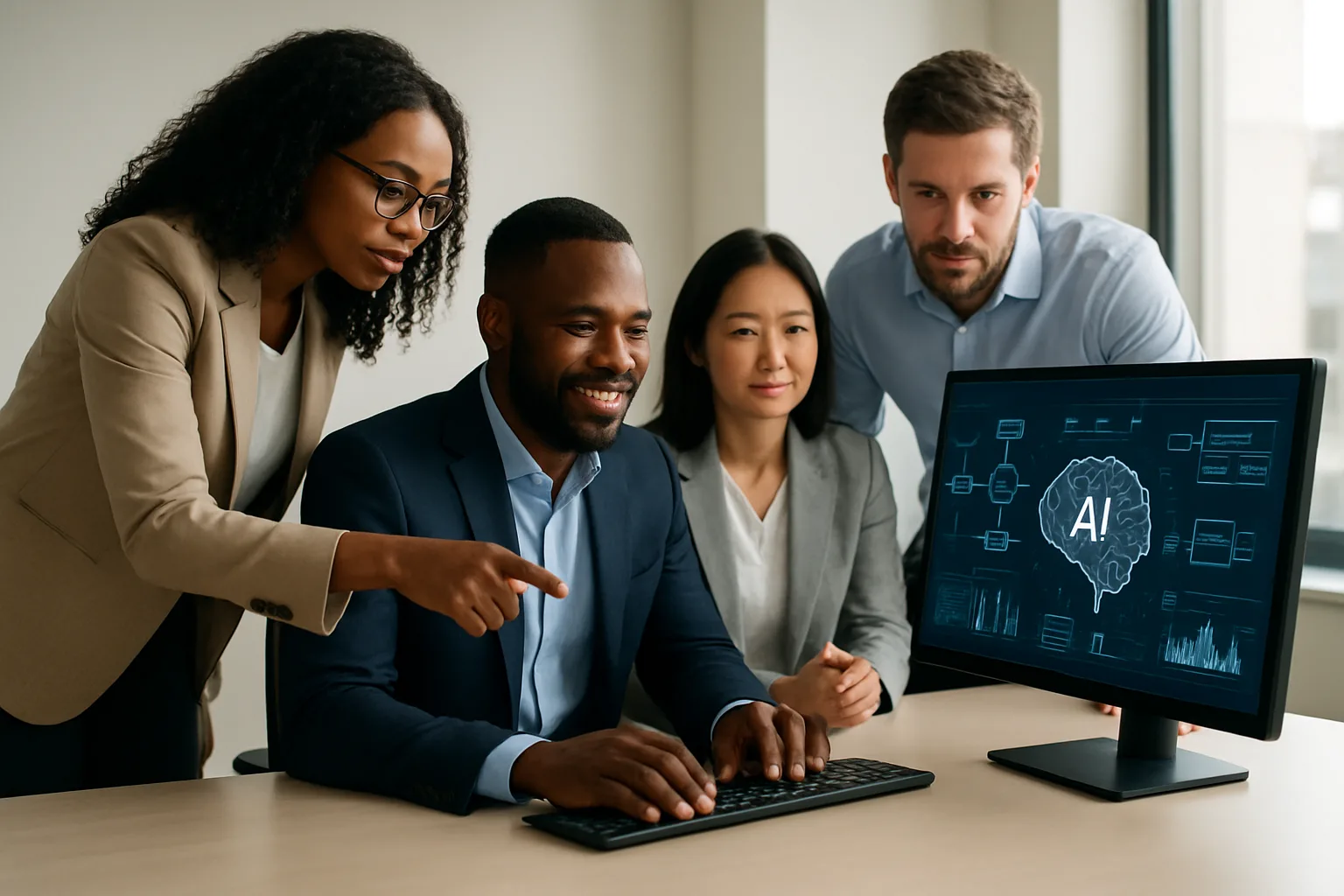 Person interacting with a digital interface displaying AI workflow diagrams and productivity charts.