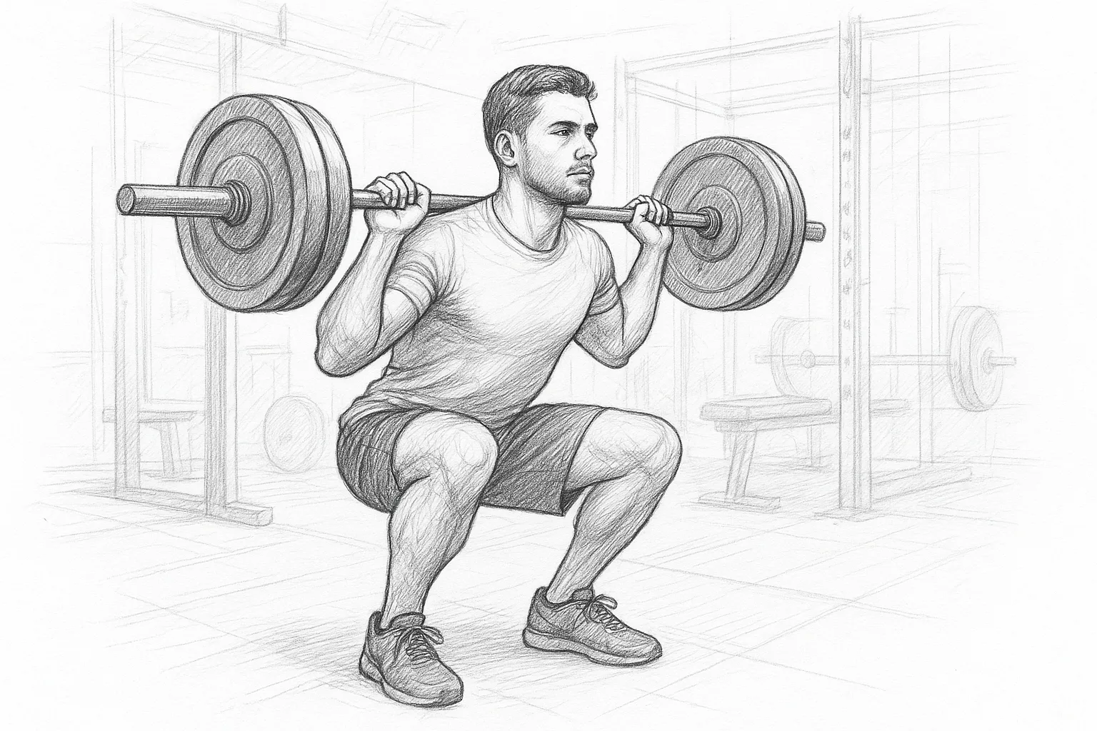 Person lifting weights with proper form in a bright gym setting.