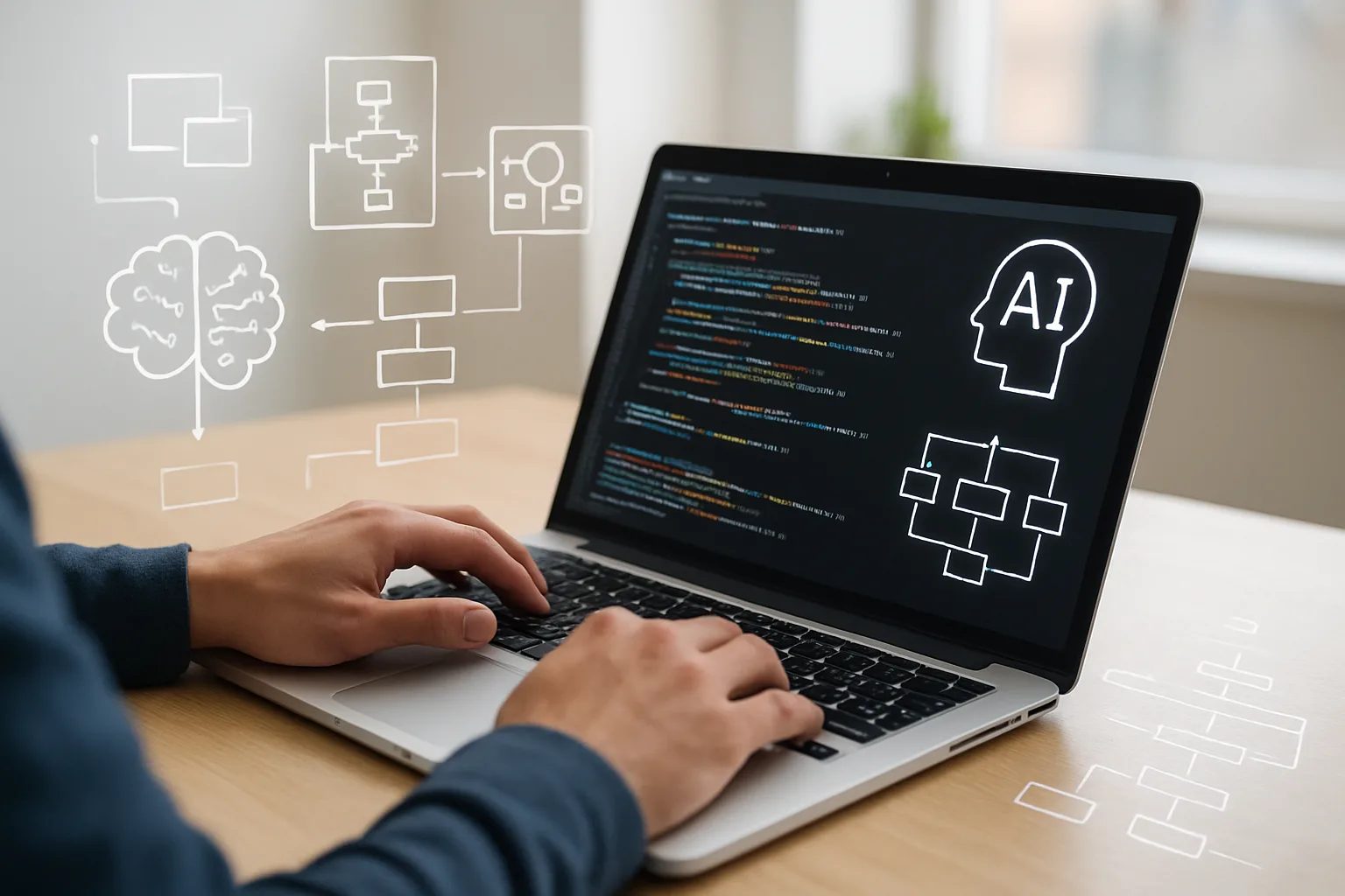 Person working on a laptop with AI-related code and diagrams on the screen.