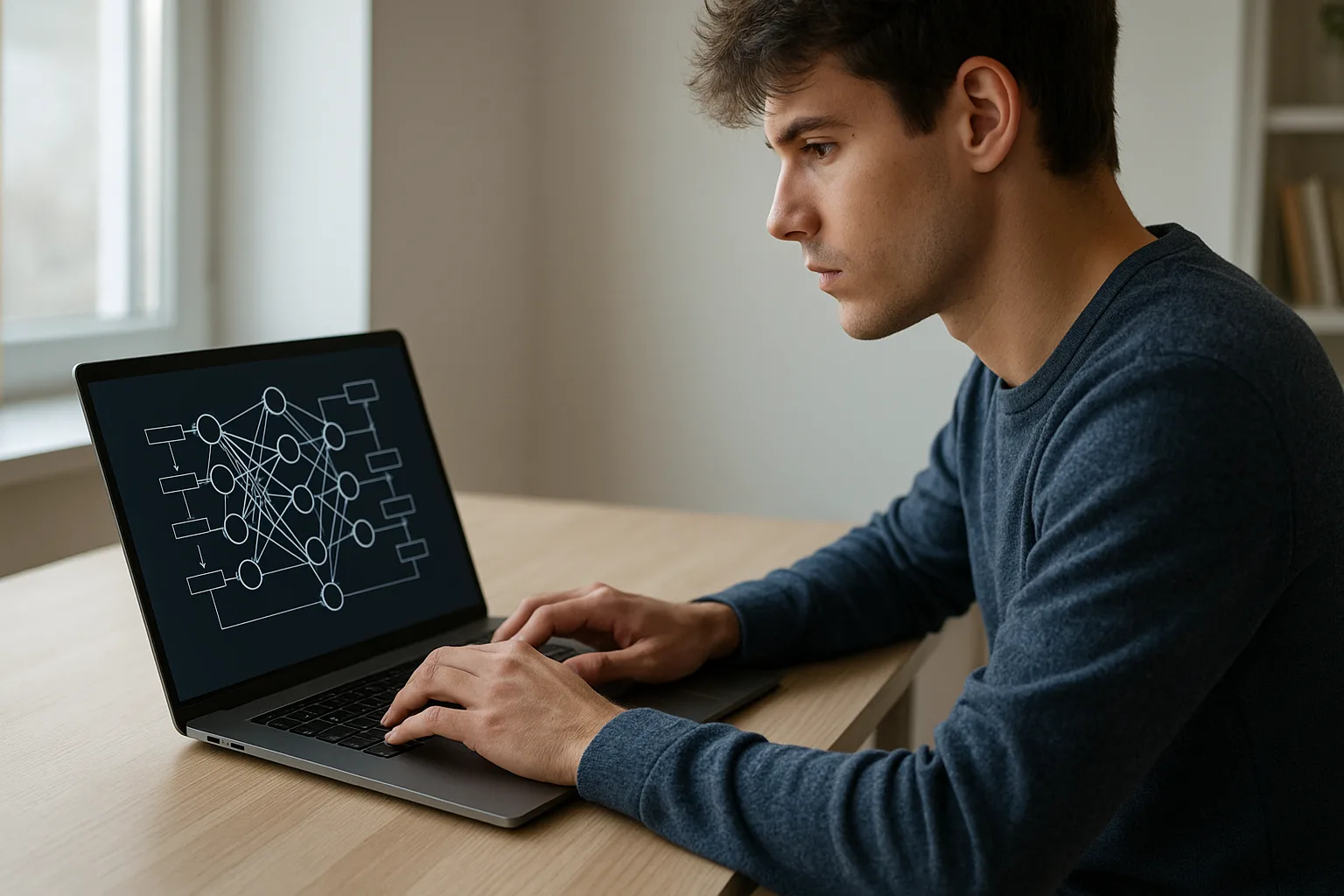 Person working on a laptop with AI-related graphics and code on the screen.