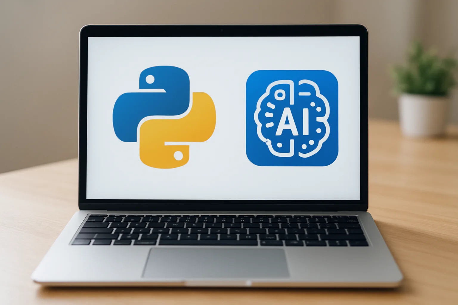Person typing Python code on a laptop with AI-themed icons floating above the screen.