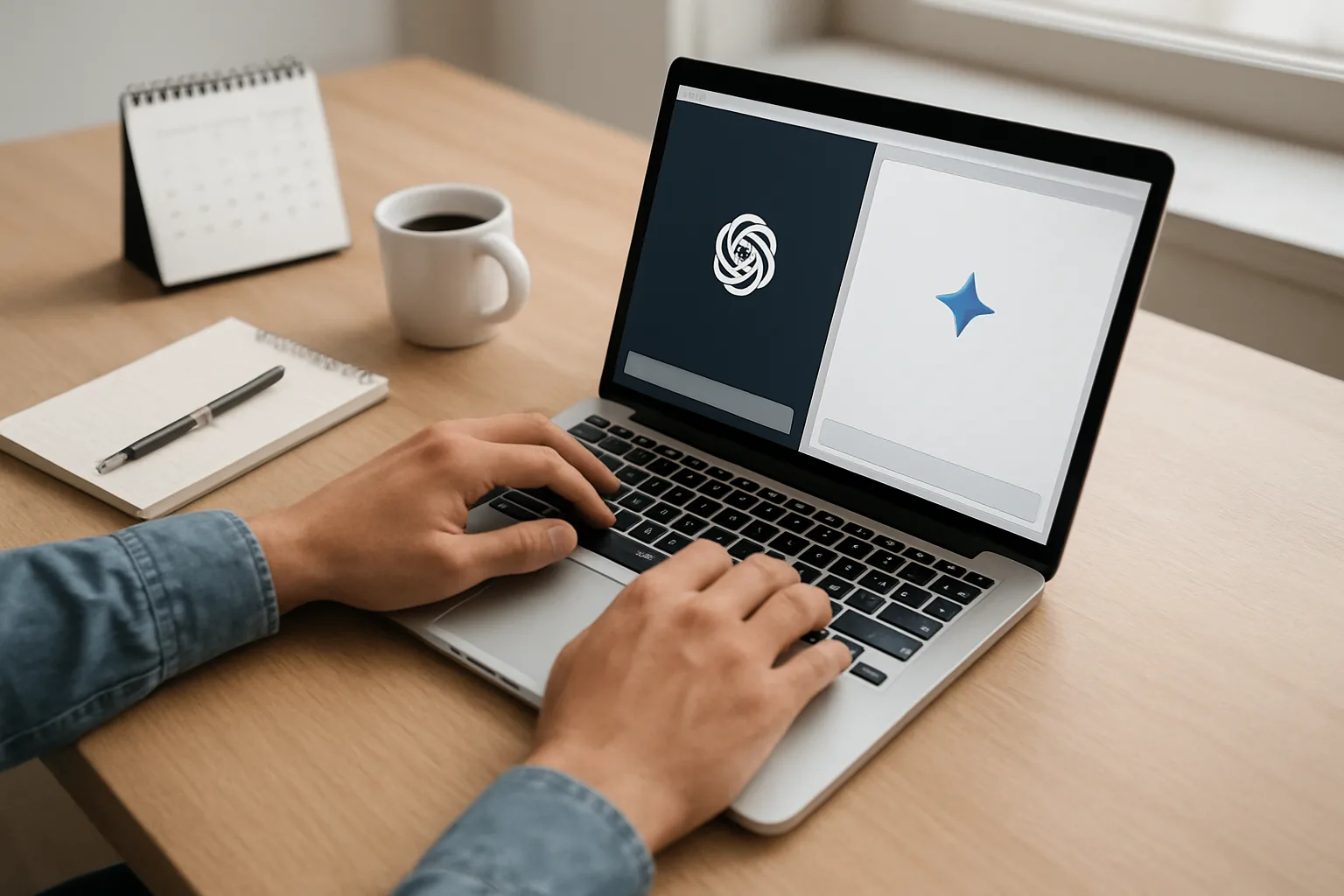 Person using a laptop displaying ChatGPT and Gemini apps for productivity tasks.