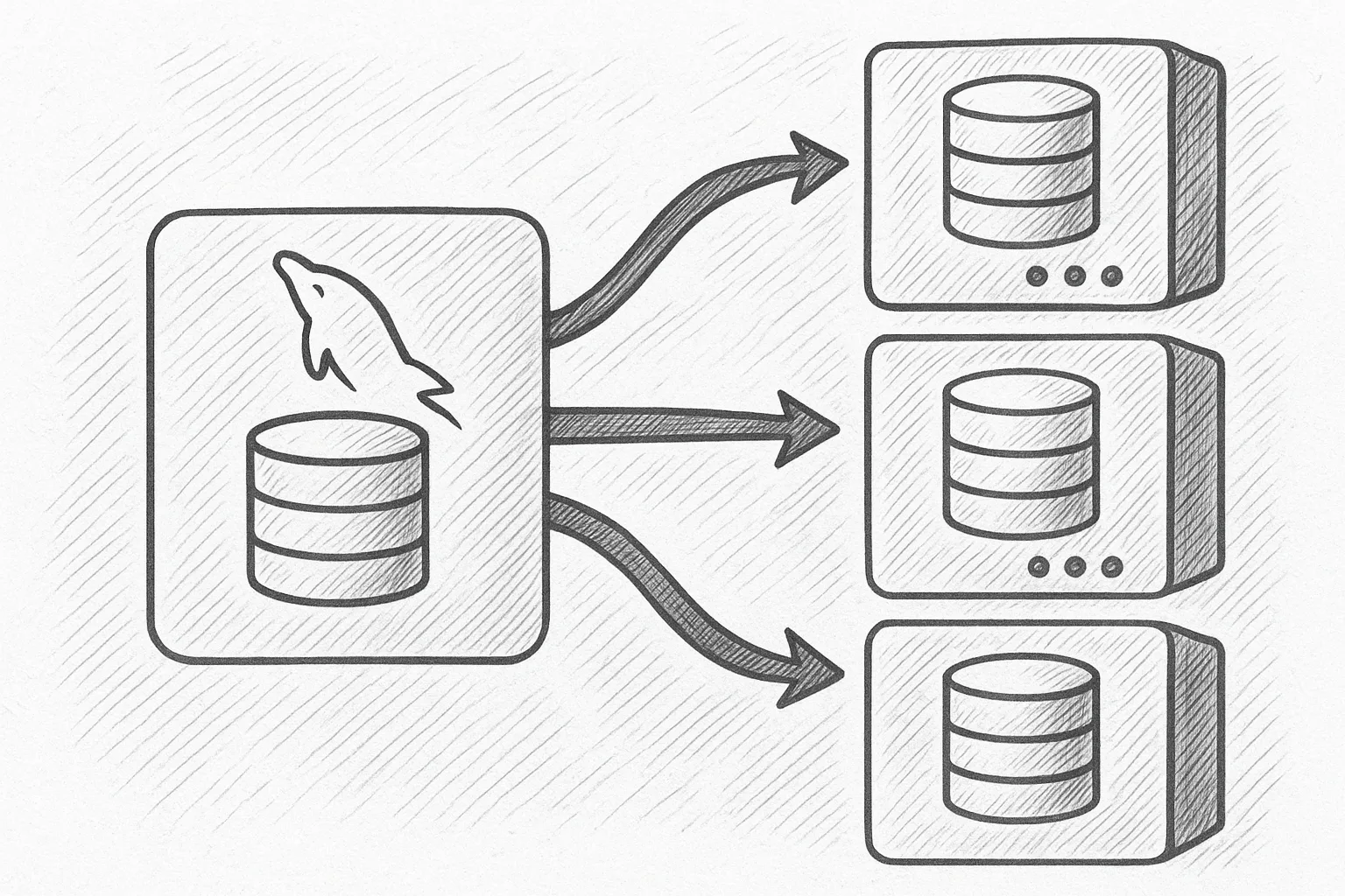 Abstract illustration of MySQL Router distributing database traffic evenly across multiple servers.