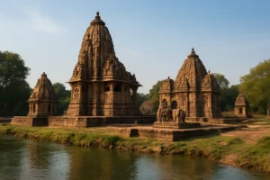Ancient temple ruins in Bilaspur with lush green hills in the background.