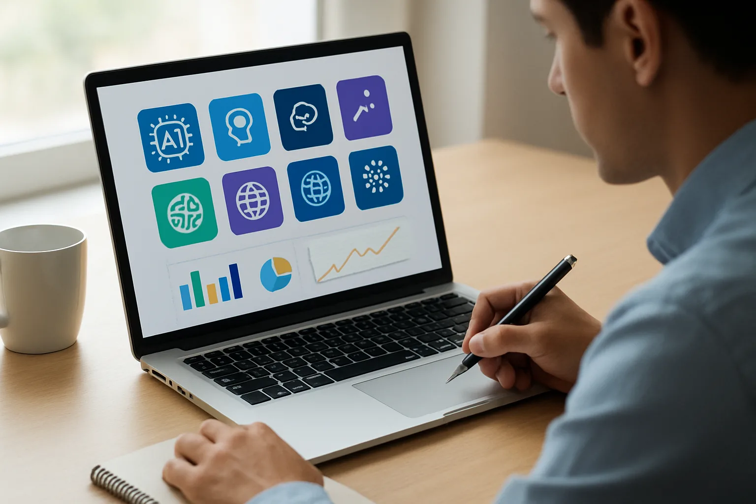 Person using a laptop surrounded by icons representing AI tools and productivity.