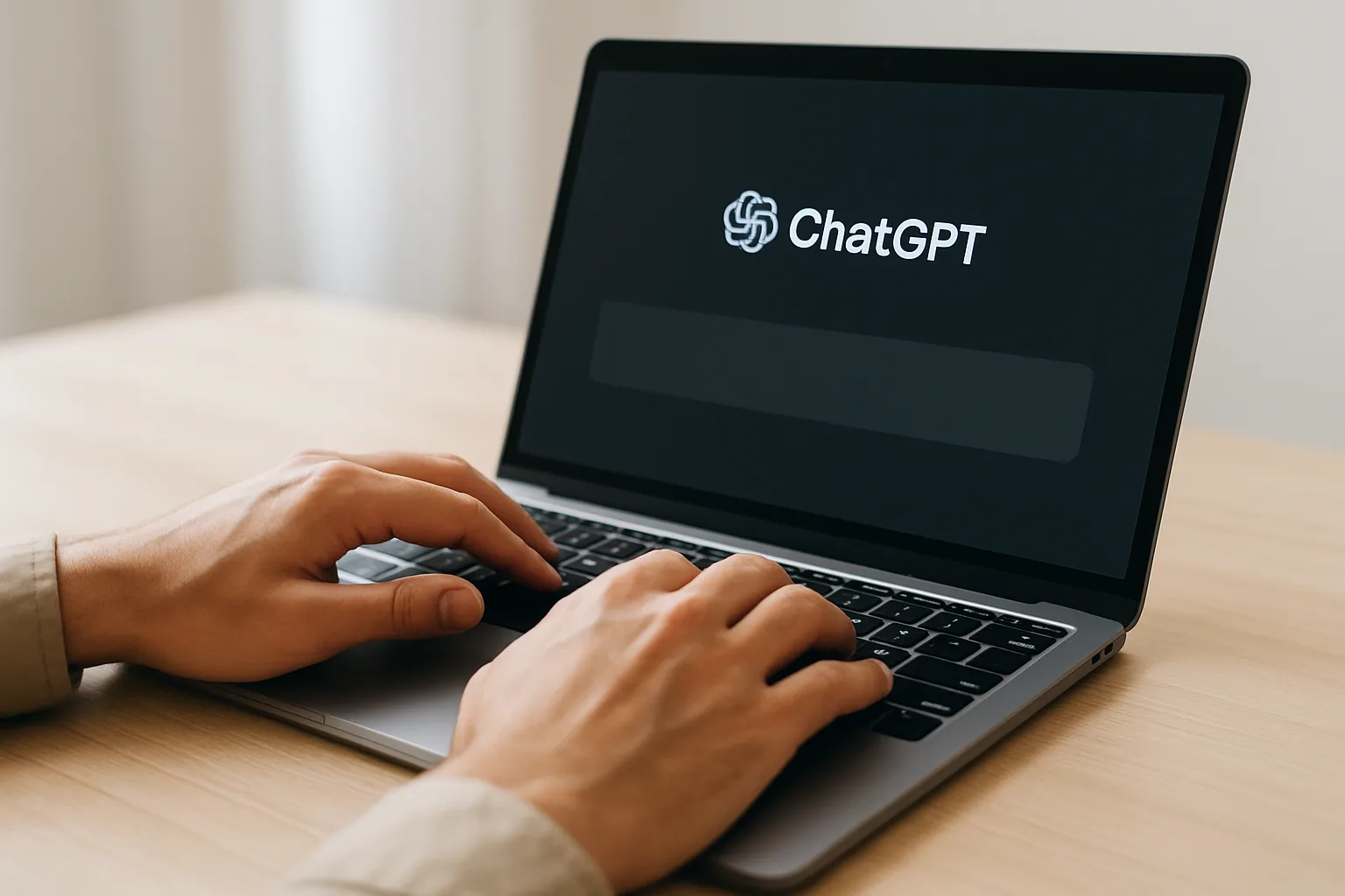 Person typing on a laptop with AI-themed graphics and chat bubbles floating around.