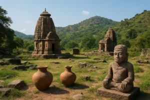 Ancient hill landscape of Bilaspur with traditional Indian architecture and lush greenery.