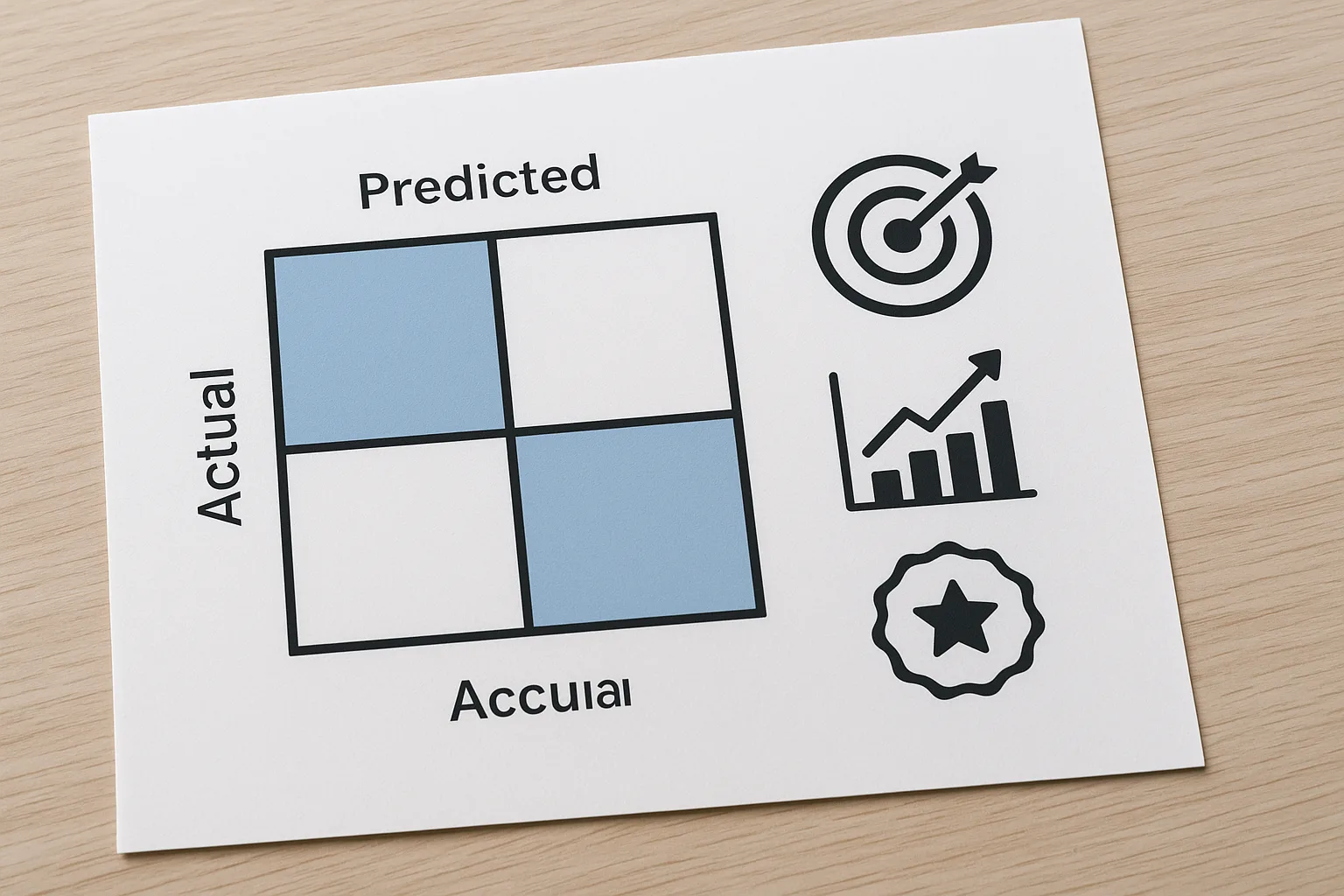 Infographic illustrating accuracy, precision, recall, and F1 score with example calculations and charts.
