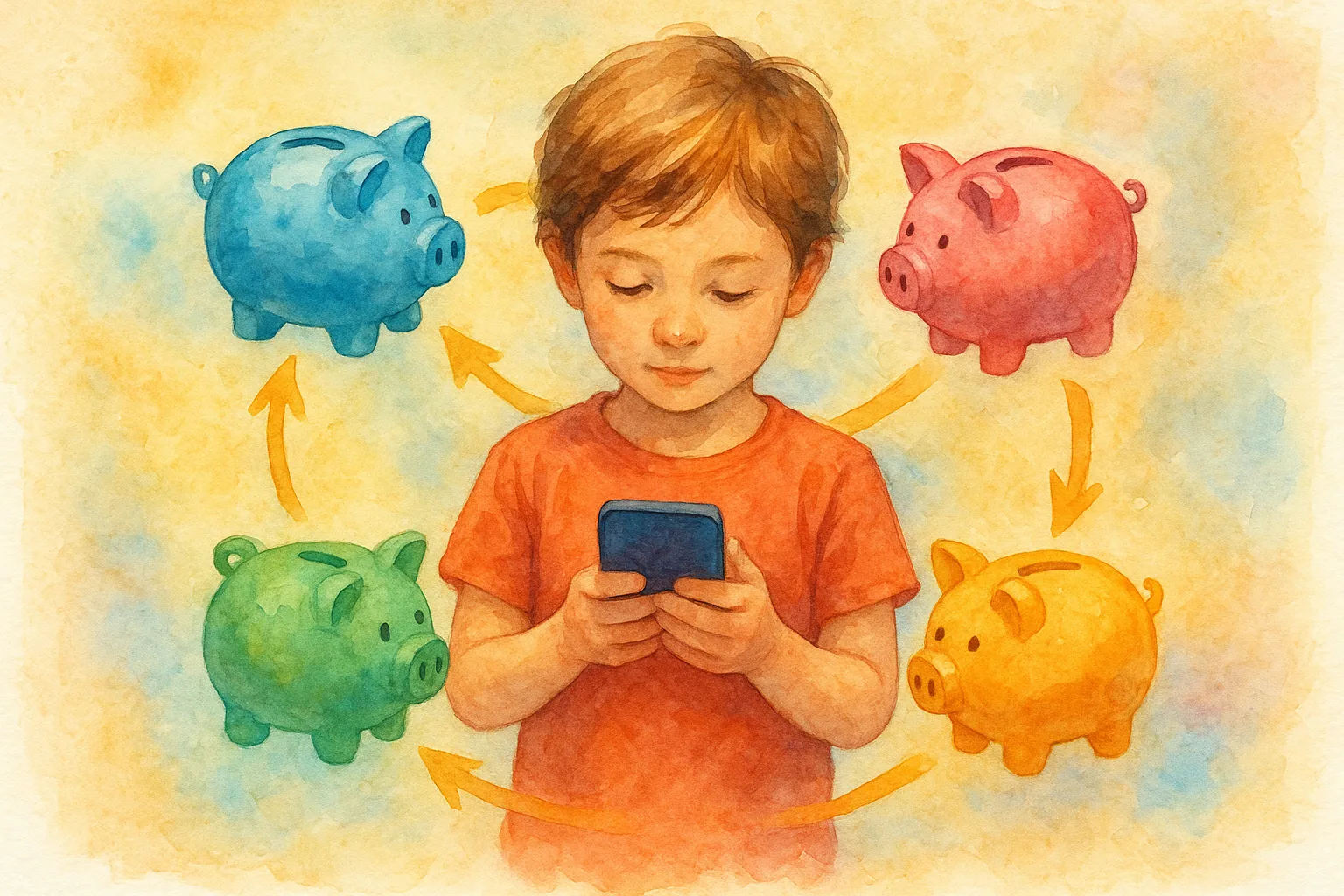 Child learning about bank transfers with a tablet.