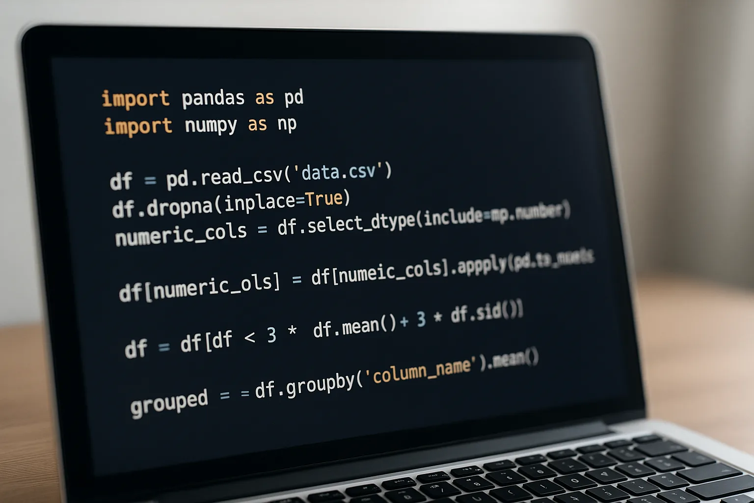 Python code on screen with data cleaning and AI preparation visuals.