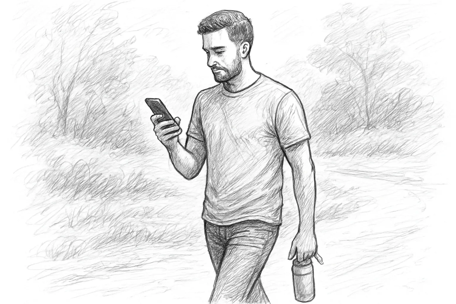 Person walking outdoors while listening to music and carrying a water bottle.