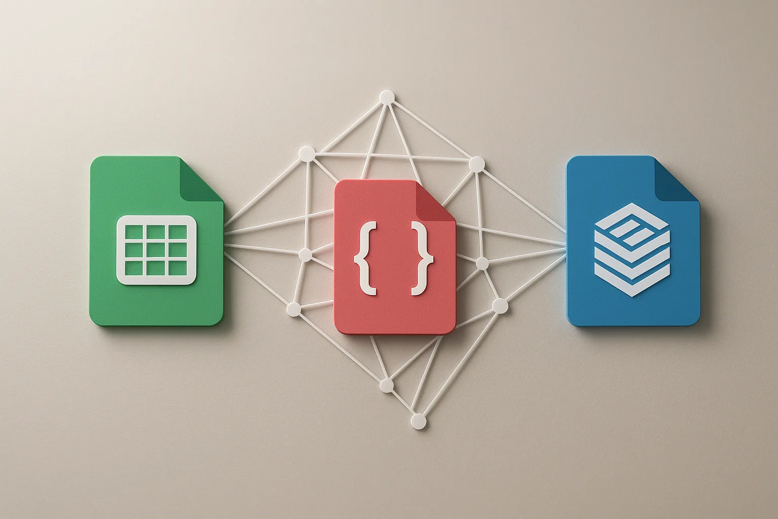 Illustration comparing CSV, JSON, and Parquet file formats with AI icons and data visuals.