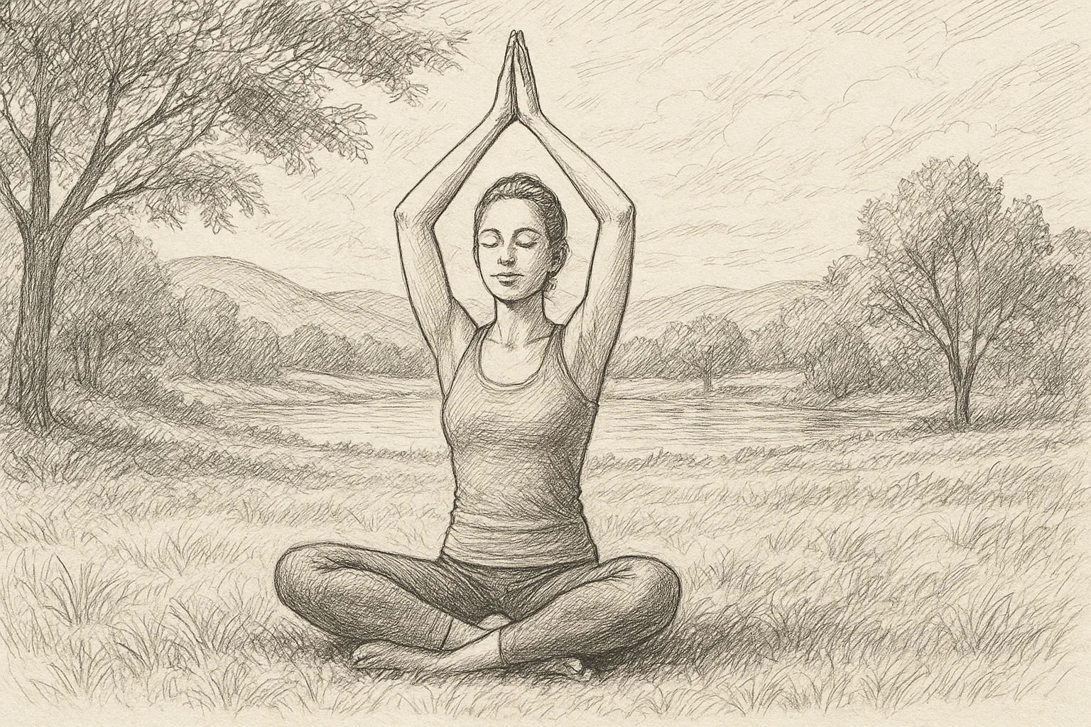 Person practicing mindfulness and stretching exercises outdoors