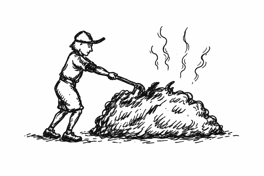Ink-style drawing of a gardener spreading manure onto a garden bed, with light lines showing rising steam or gases.