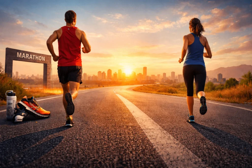 Two runners on a sunrise road with a city skyline ahead, symbolizing marathon training and endurance.