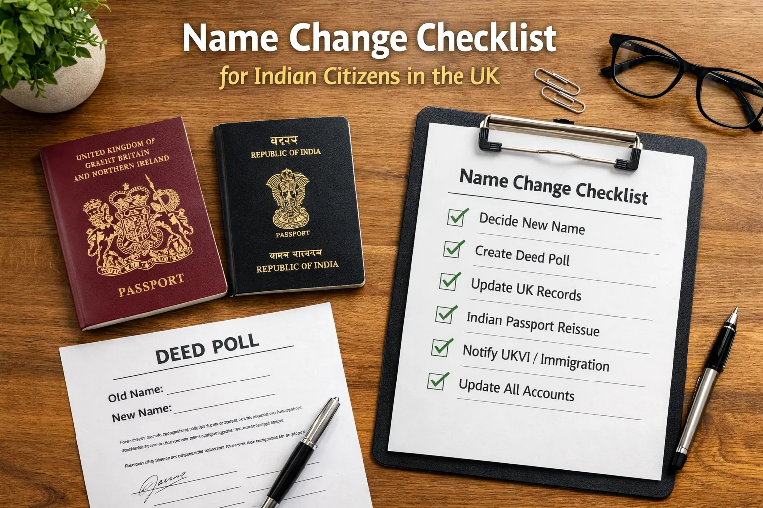 A flat-lay photograph showing a UK passport, an Indian passport, and a name change checklist document on a wooden desk — representing the name change process for Indian citizens living in the UK.
