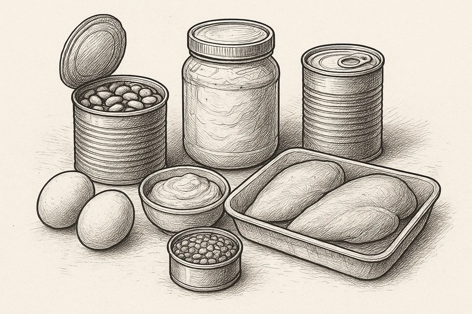 Affordable high-protein foods neatly arranged on a kitchen counter.