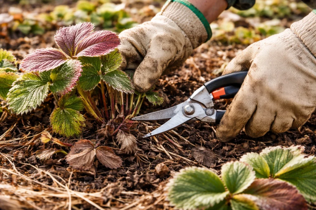 Gardener pruning strawberry plants, removing old leaves and runners to prepare for new growth.