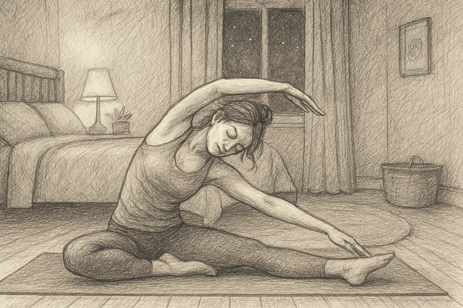 Person gently stretching on a yoga mat in a cozy bedroom setting before bedtime.