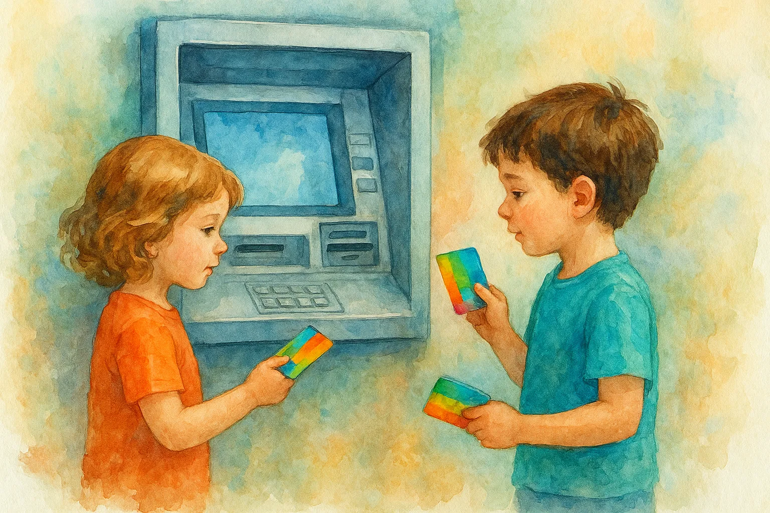 Child learning to use an ATM with a debit card