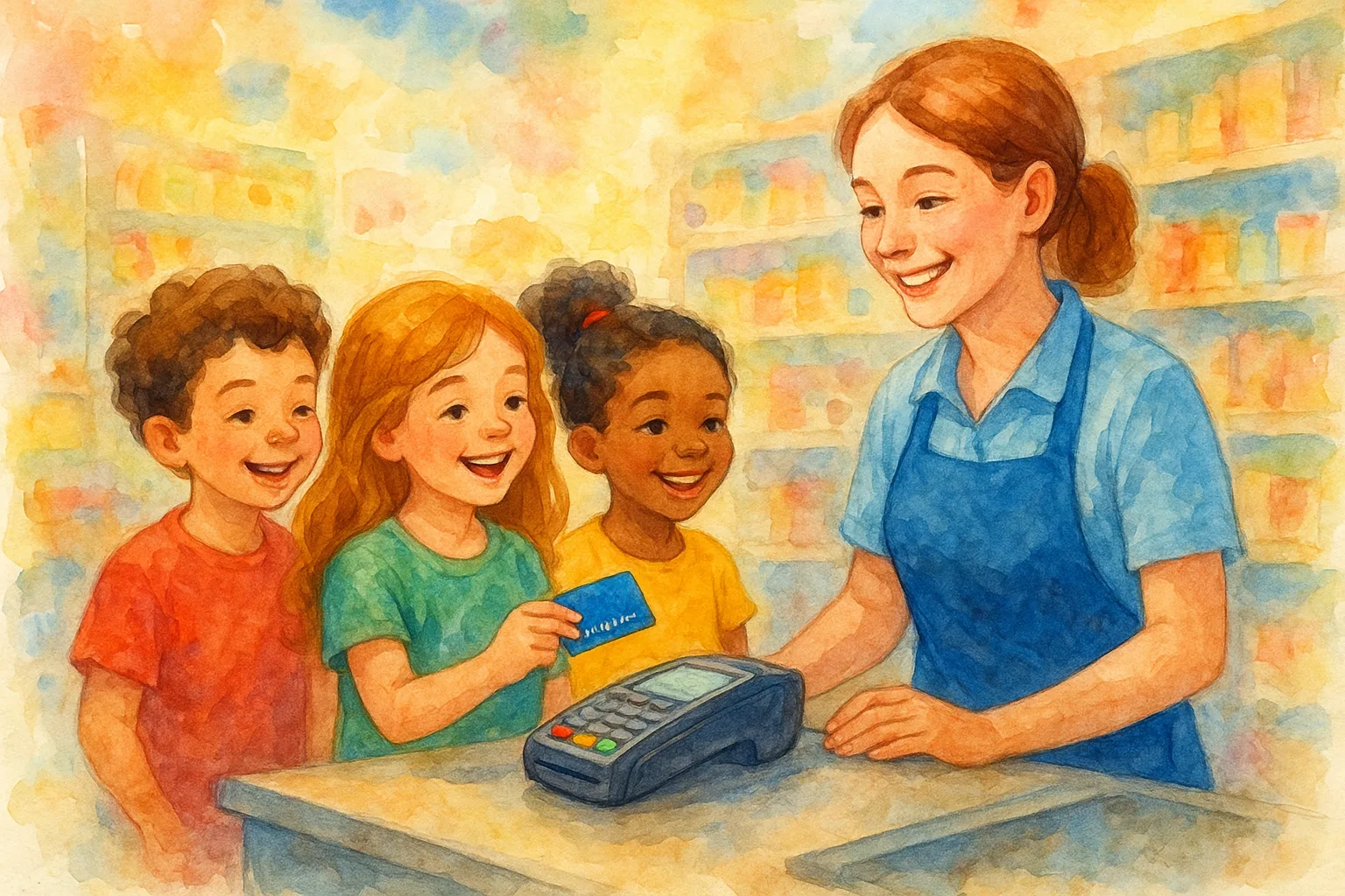 Child using a debit card to make a purchase safely
