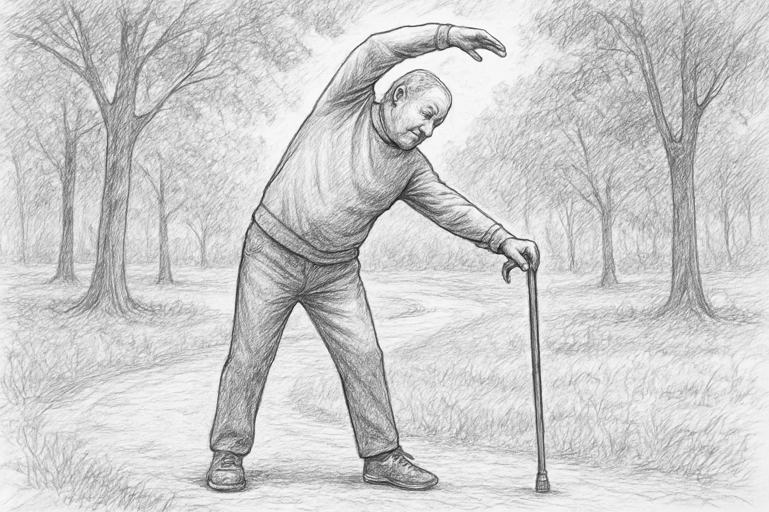 Elderly person walking outdoors with a smile