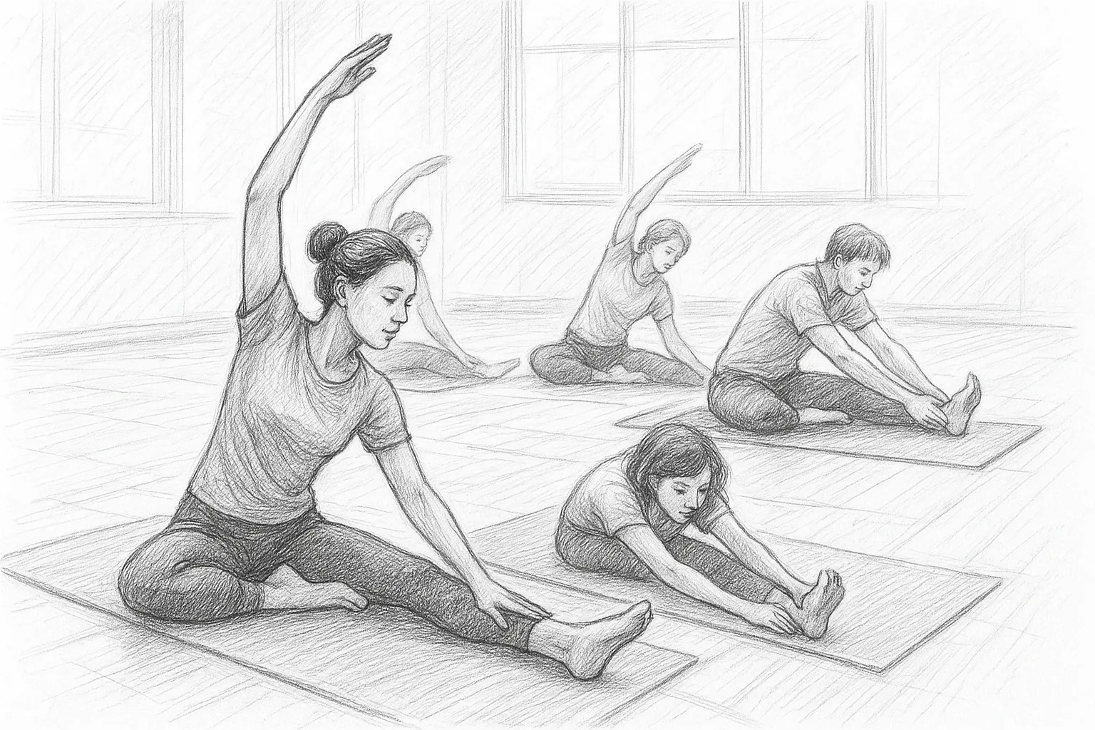 Beginner performing simple stretching exercise outdoors.
