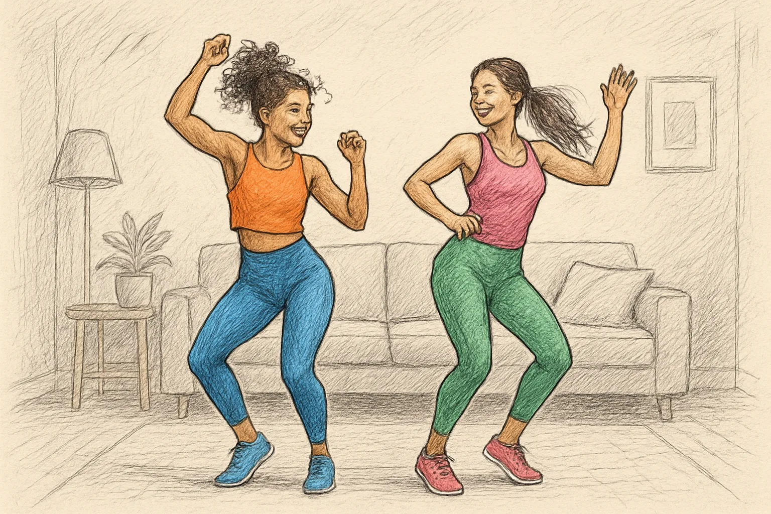 Person enjoying dance cardio in a bright living room