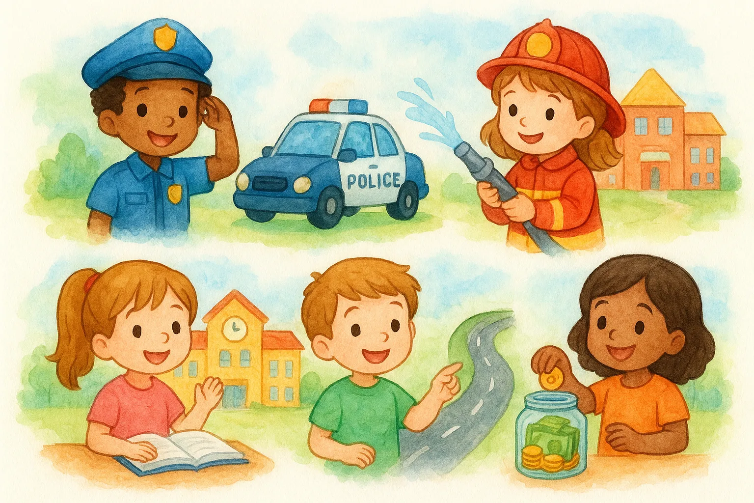 Child pointing at colorful infographic on taxes and public services
