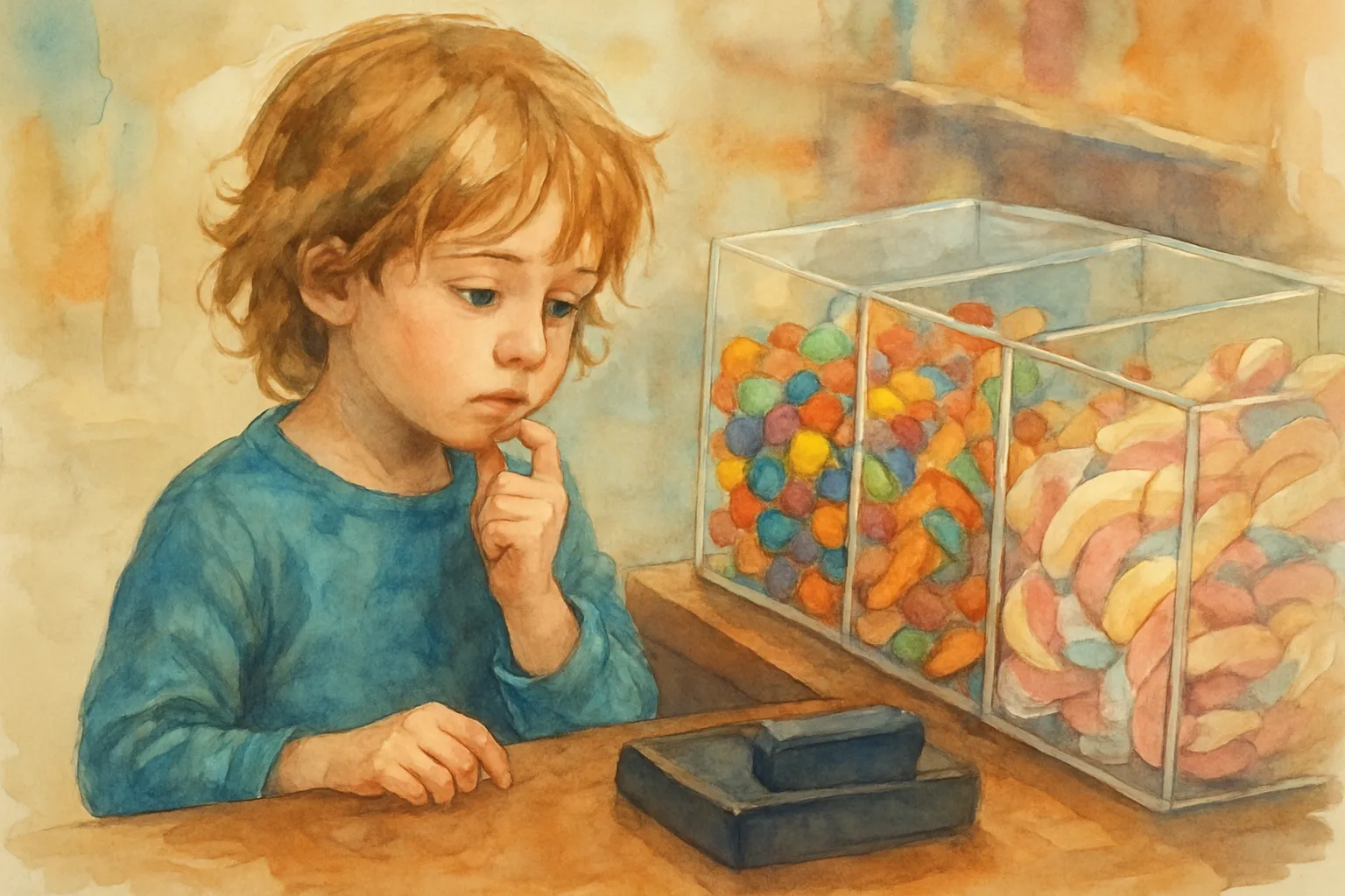 Child learning about impulse buying with colorful shopping items
