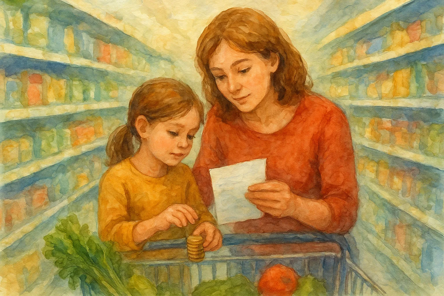 Child learning budget concepts while grocery shopping with parent.