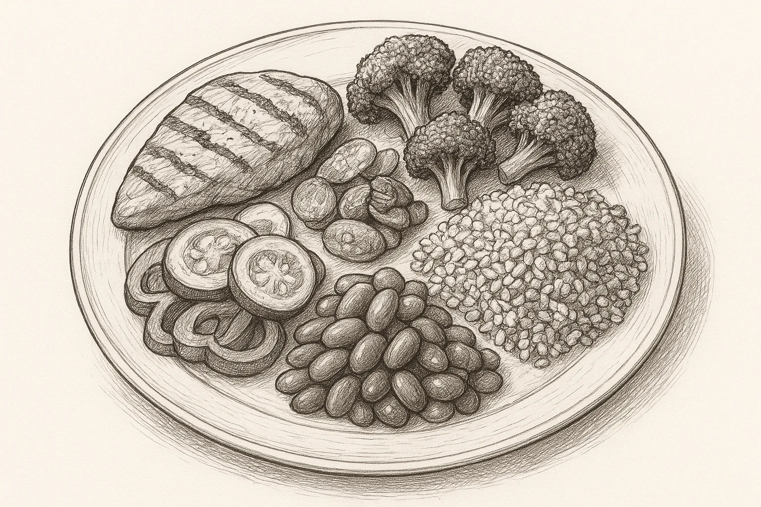 A balanced plate with protein, veggies, and grains