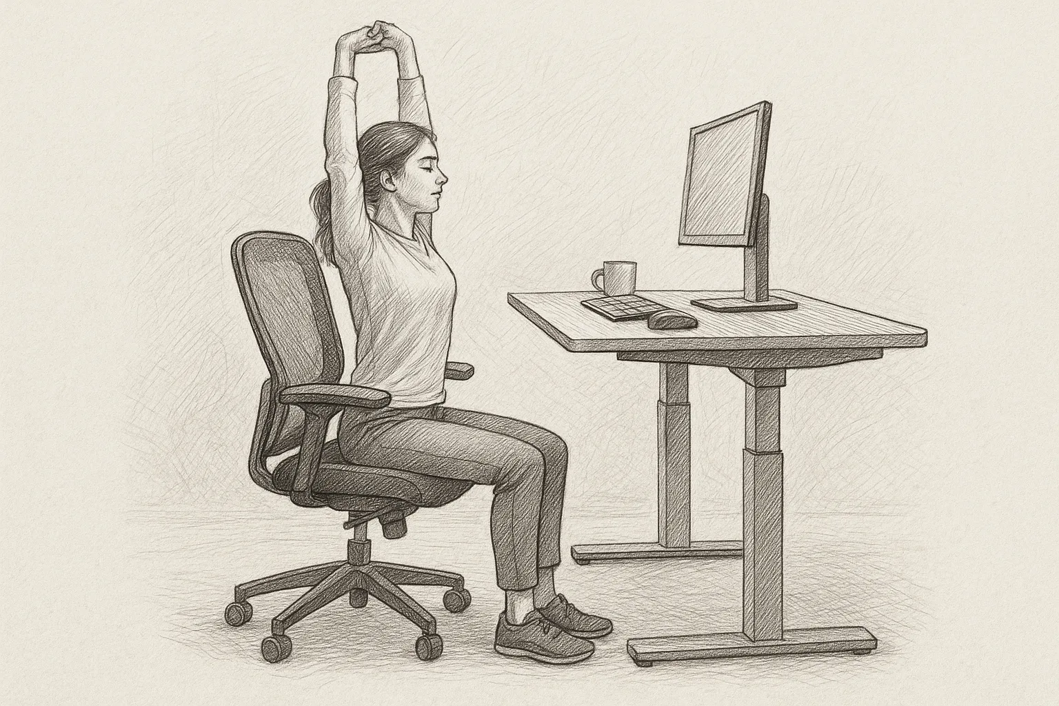 Woman stretching at desk to relieve stiffness from prolonged sitting