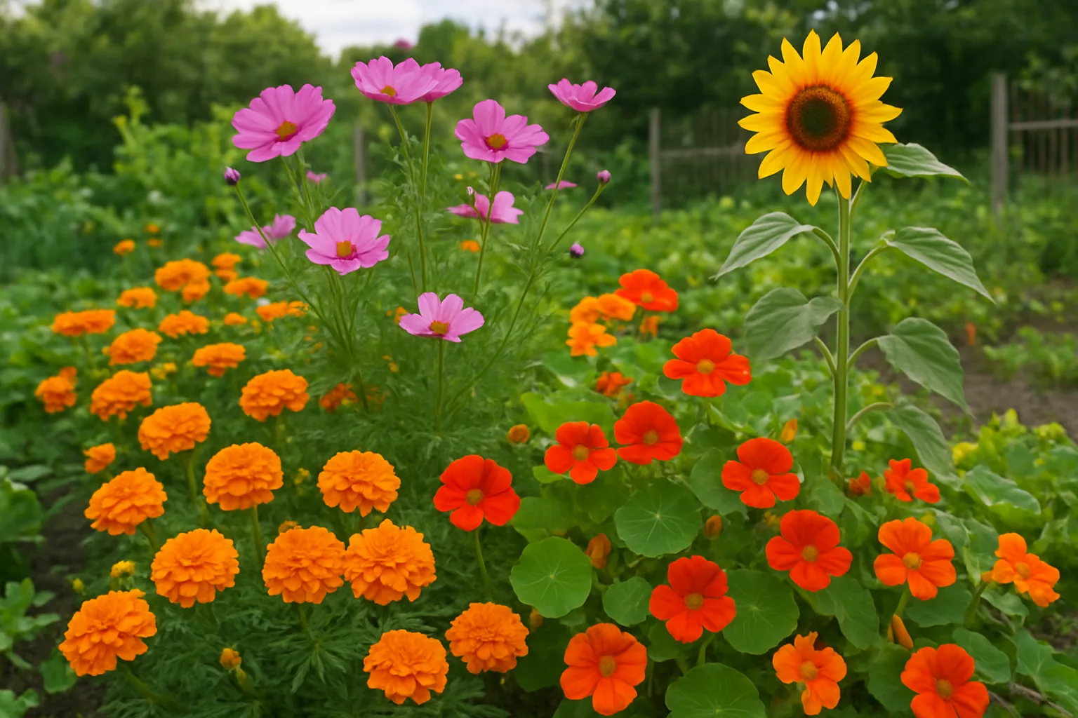 Bright flowers blooming on UK allotments supporting pollinators