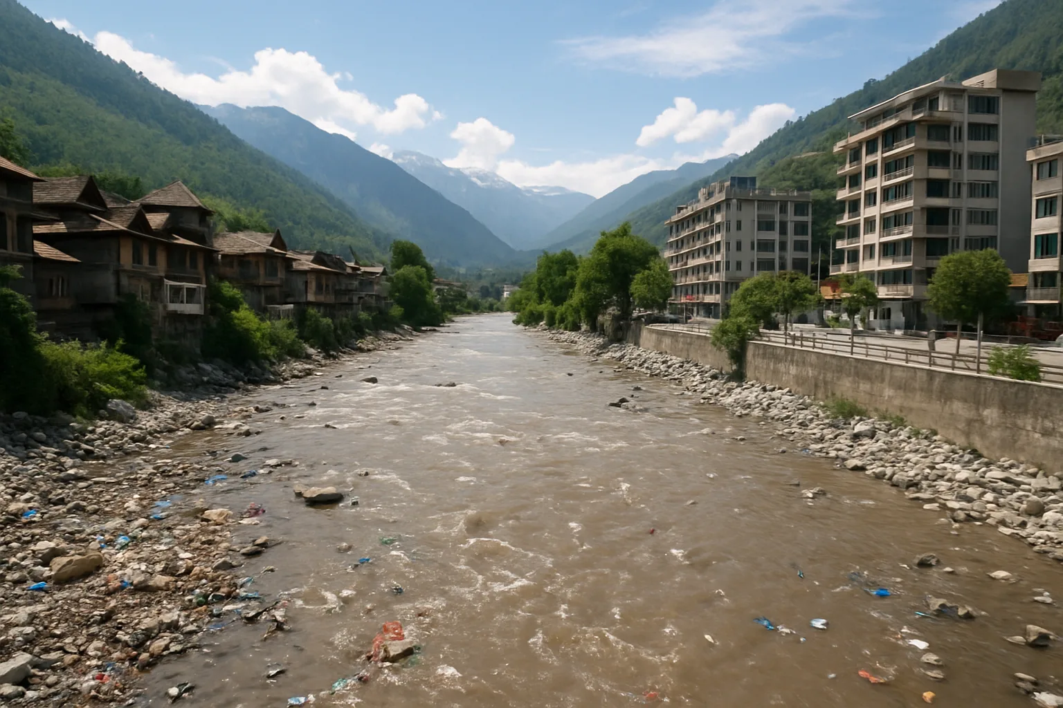 River pollution amid Kullu's rapid development and natural beauty.