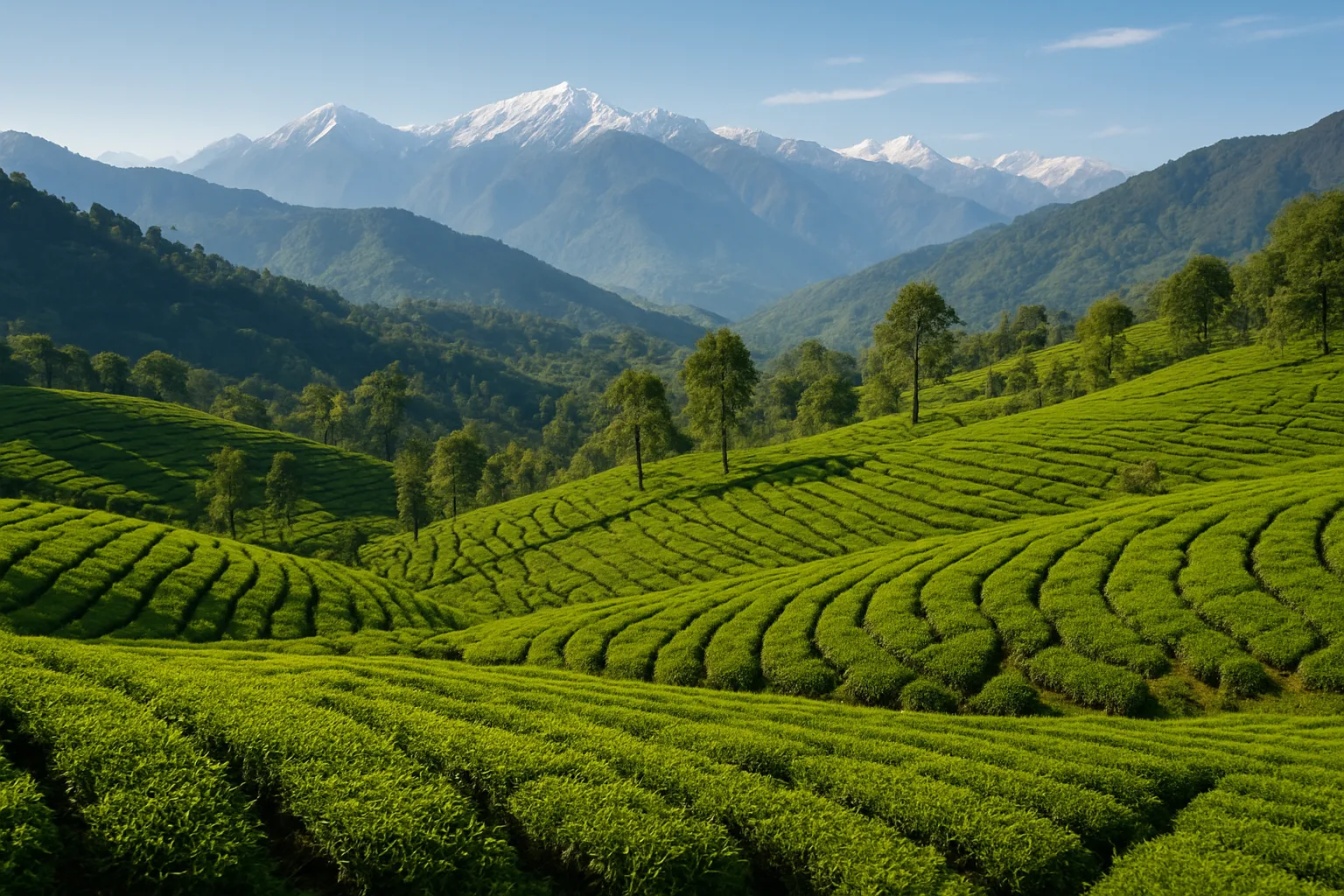 Lush Kangra tea estates sprawling across Himachal Pradesh hills.