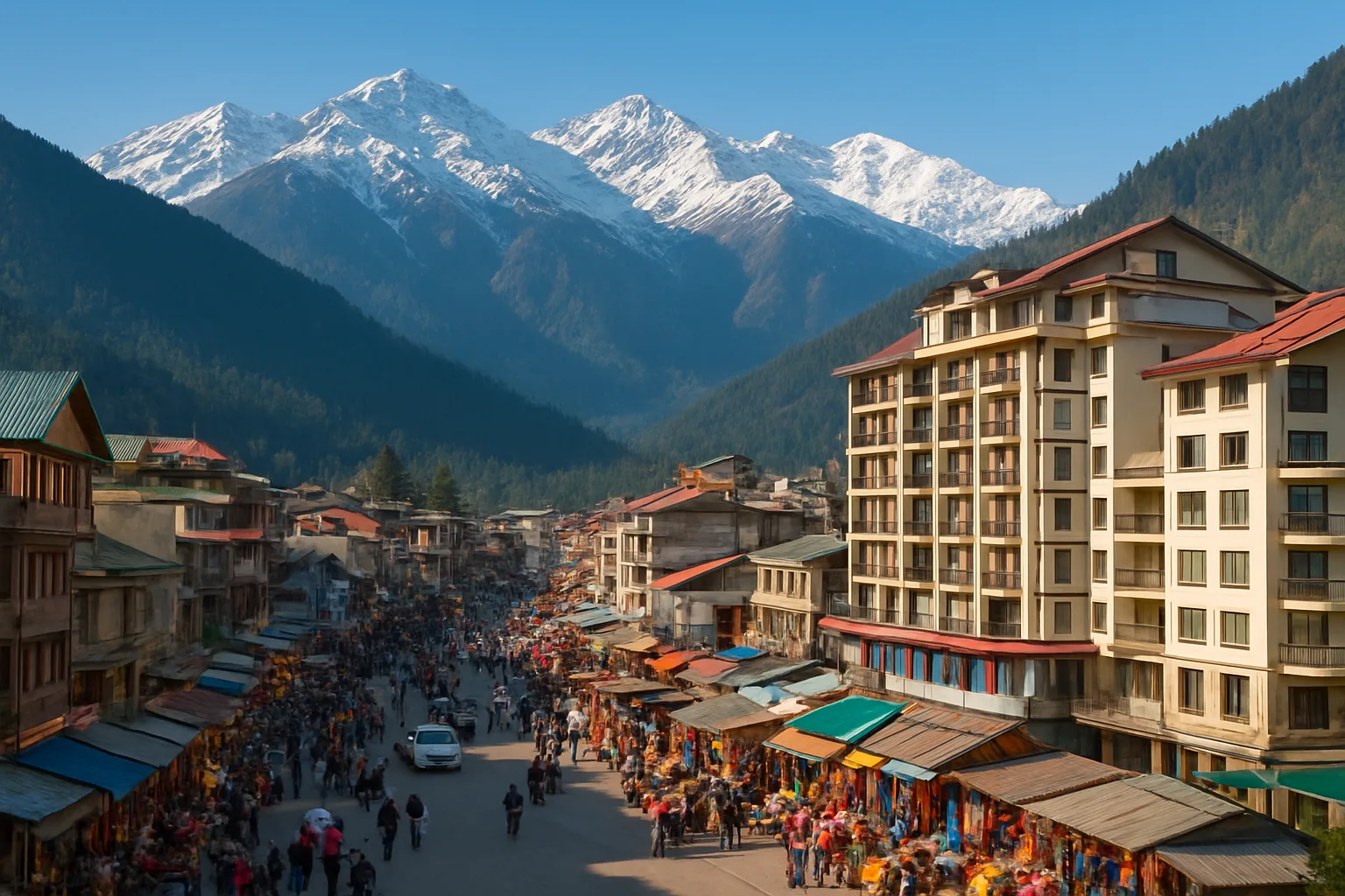 Manali town showcasing modern tourism infrastructure and scenic mountain views.