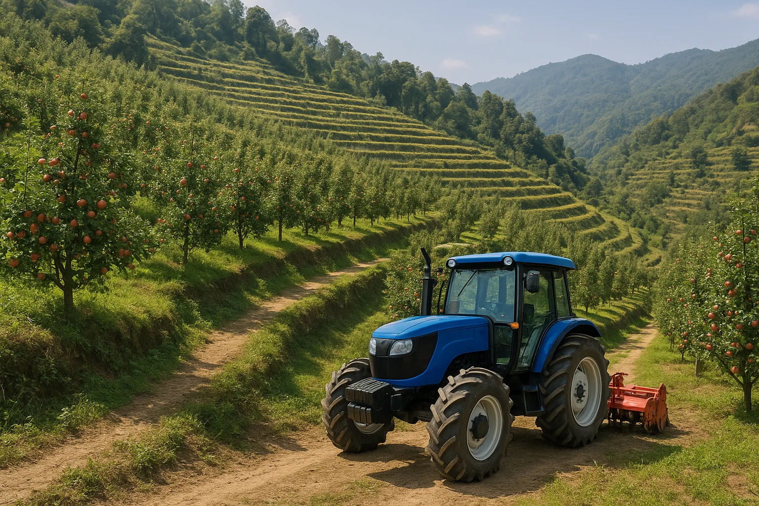 A view of modern agriculture and orchards in Sirmaur district, India.