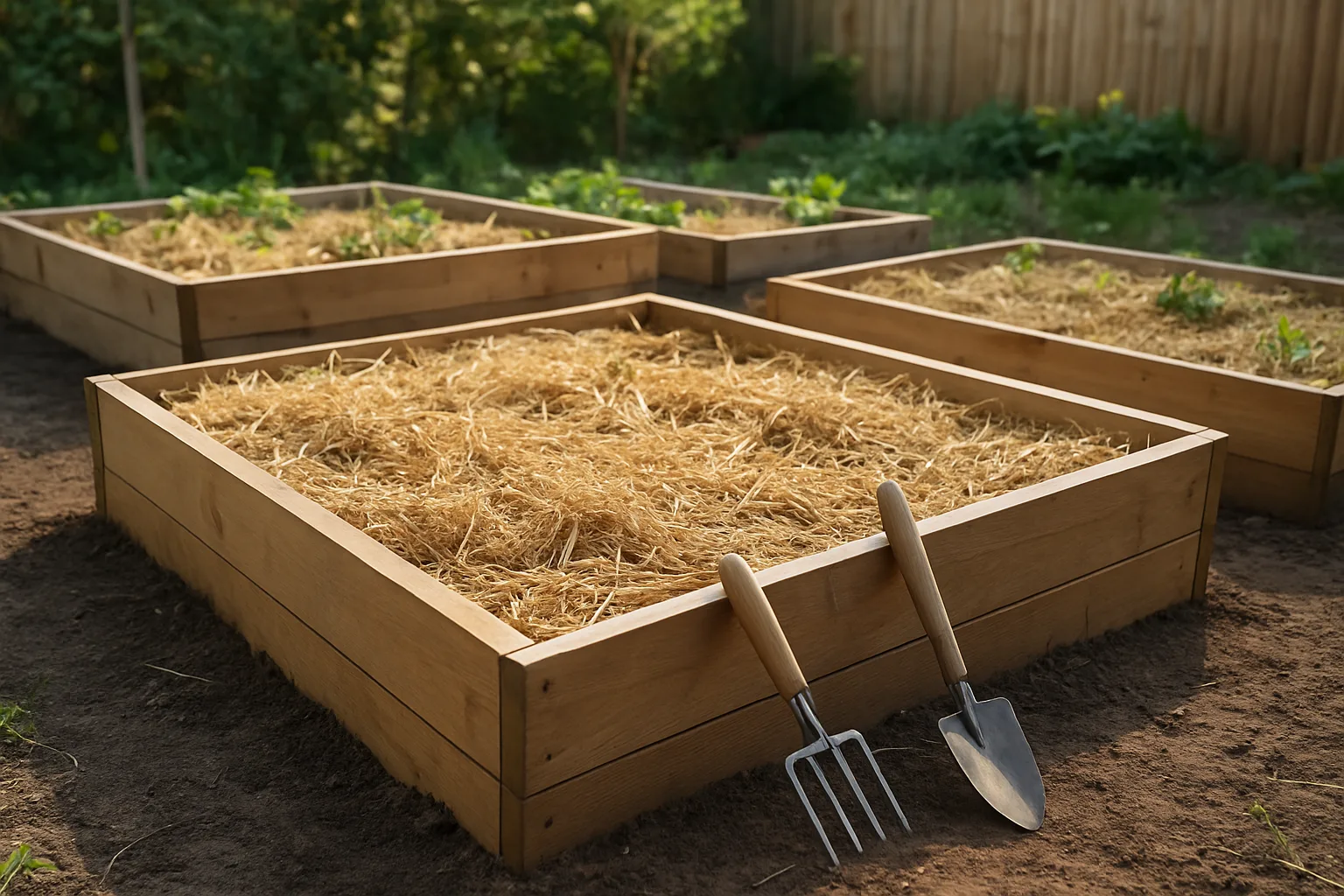 No-dig allotment garden with tools and growing plants.