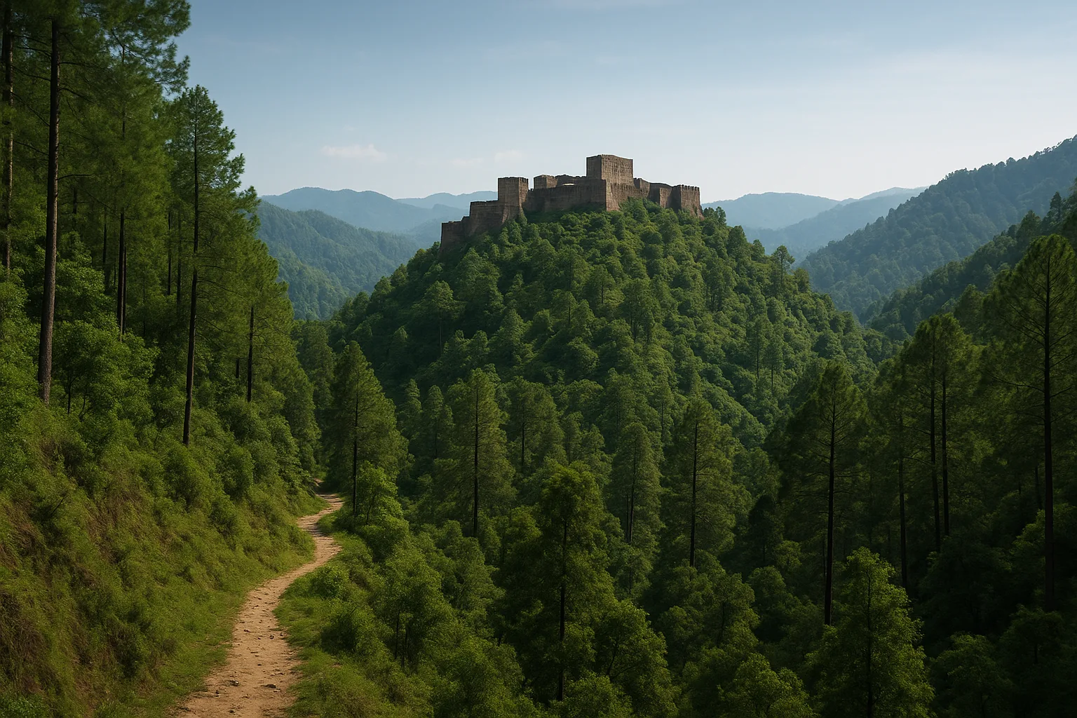 Scenic view of forts and lush forests in Sirmaur district, Himachal Pradesh