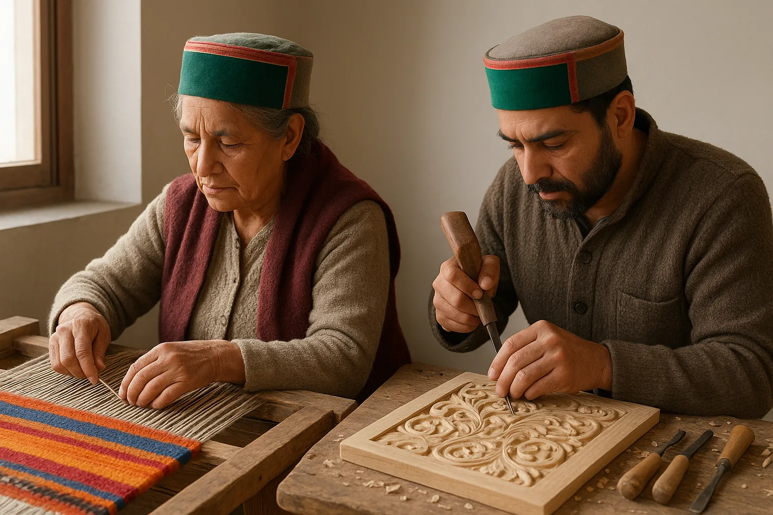 Local artisans in Mandi crafting with traditional tools and techniques.