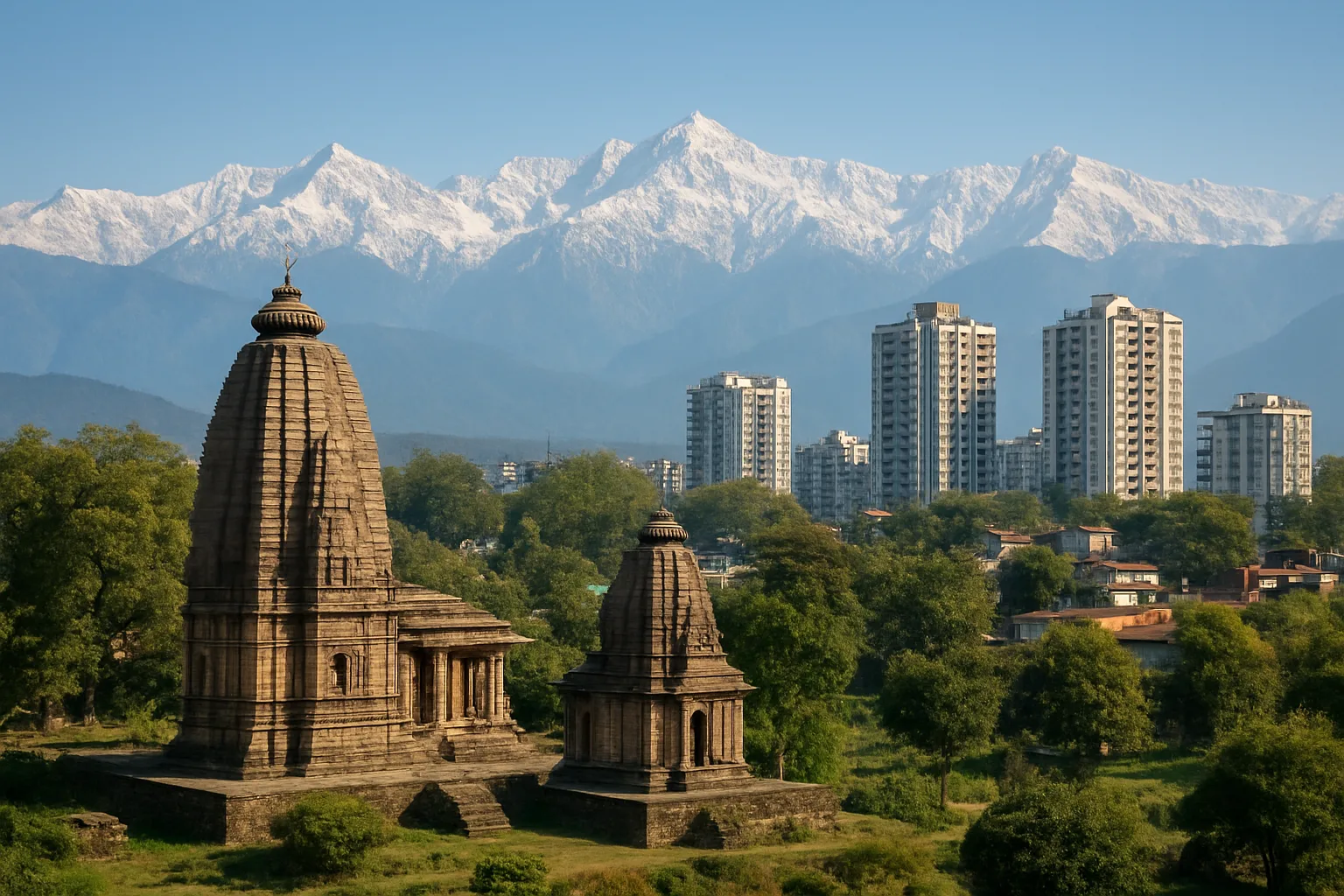 Modern and heritage buildings blend in Kangra, Himachal Pradesh.