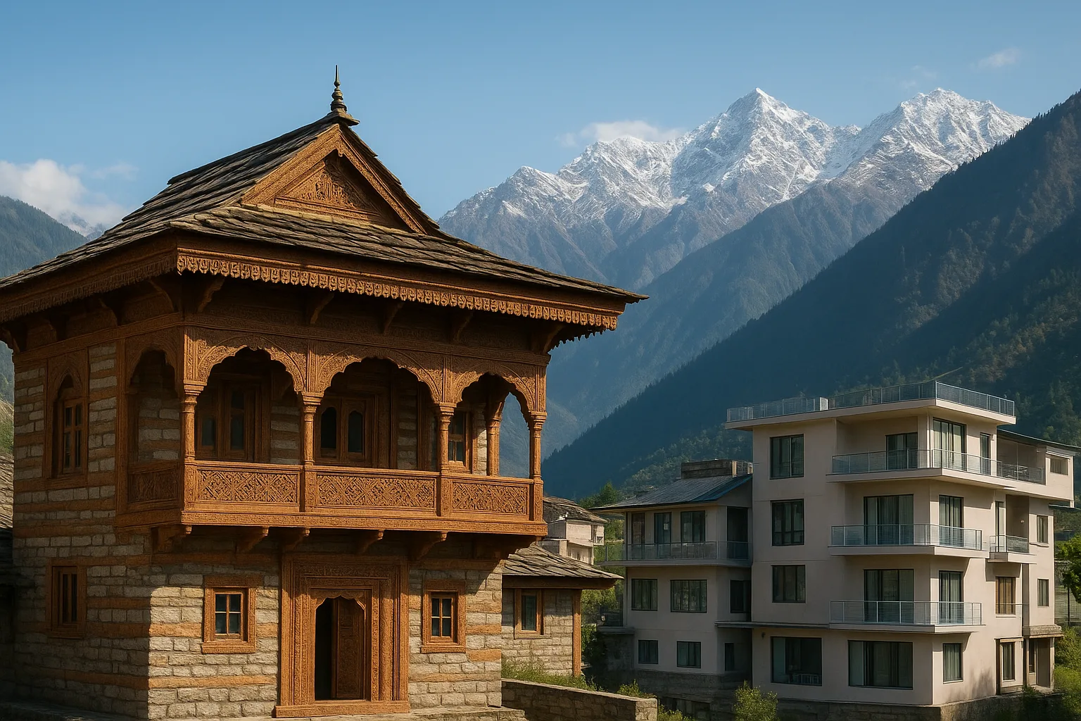 Scenic view of Kinnaur’s mountainous landscape with traditional and modern elements