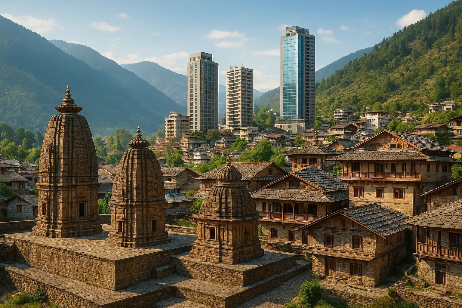 Kullu town showcasing historic and modern buildings under clear blue sky