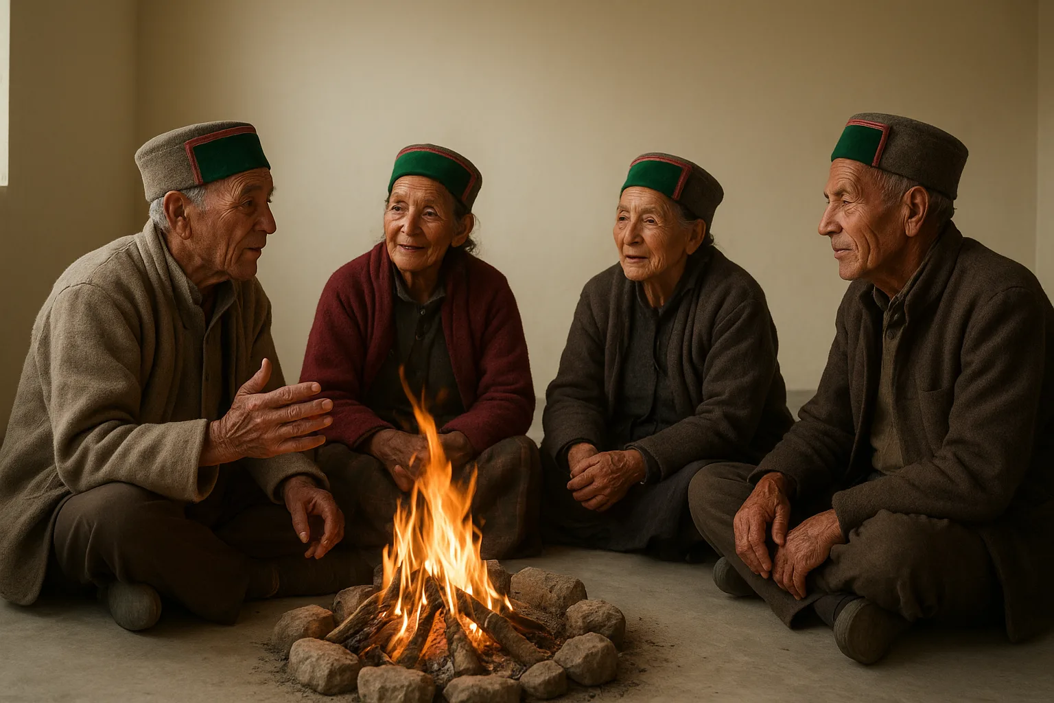 Elders narrating traditional Kinnauri stories in Himachal Pradesh.